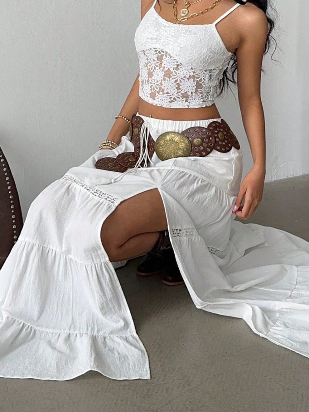 White Boho Women's Beach High-Slit Maxi Skirt with Elastic Waist - Picture 5 of 6
